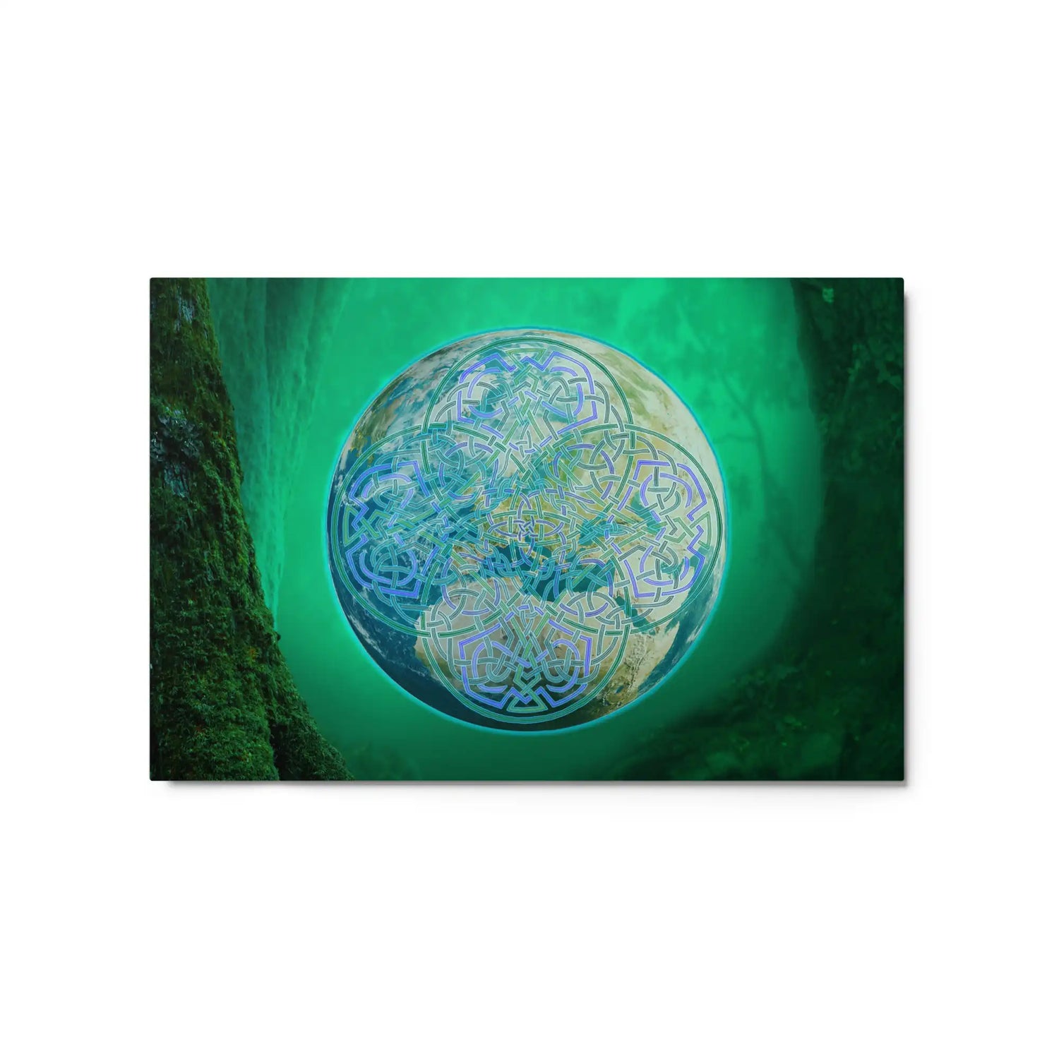 A 16" x 20" glossy metal print of the Deep Forest iteration of the Reach Of The Spirit Celtic knot design. The Reach Of The Spirit Celtic knot symbolizes Mother Earth.