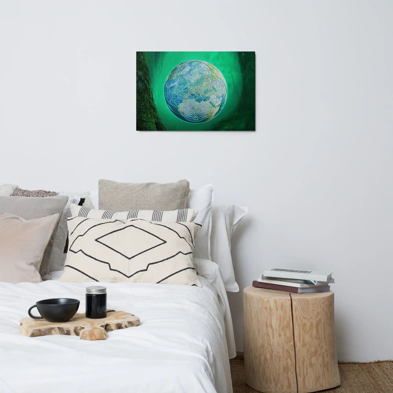 A bedroom scene with a 20" x 30" glossy metal print on the wall, featuring the Deep Forest iteration of the Reach Of The Spirit Celtic knot design. The Reach Of The Spirit Celtic knot symbolizes Mother Earth.