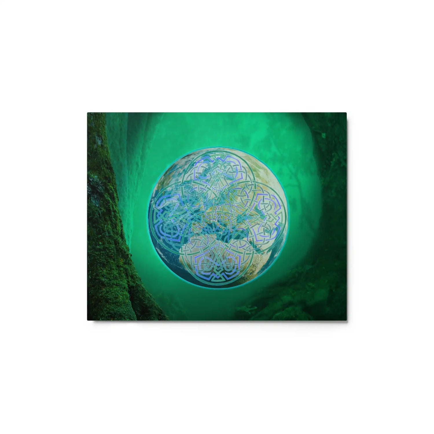 A 8" x 10" glossy metal print of the Deep Forest iteration of the Reach Of The Spirit Celtic knot design. The Reach Of The Spirit Celtic knot symbolizes Mother Earth.