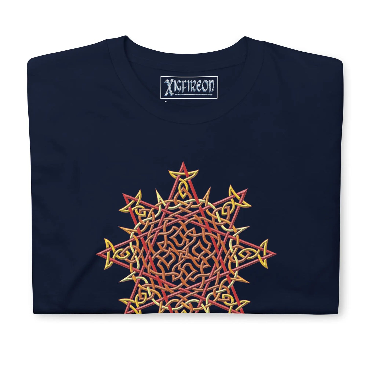 A folded navy blue Xigfireon graphic t-shirt featuring the Fire Colour iteration of the Morning Star Fire Celtic knot design. The Morning Star Fire Celtic knot symbolizes the Sun.