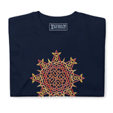 A folded navy blue Xigfireon graphic t-shirt featuring the Fire Colour iteration of the Morning Star Fire Celtic knot design. The Morning Star Fire Celtic knot symbolizes the Sun.