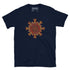 A navy blue Xigfireon graphic t-shirt featuring the Fire Colour iteration of the Morning Star Fire Celtic knot design. The Morning Star Fire Celtic knot symbolizes the Sun.