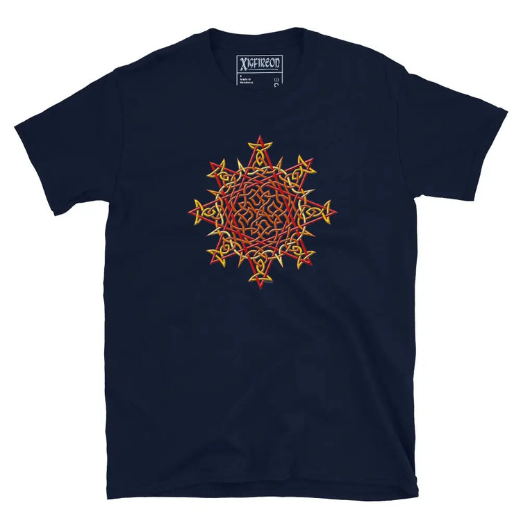 A navy blue Xigfireon graphic t-shirt featuring the Fire Colour iteration of the Morning Star Fire Celtic knot design. The Morning Star Fire Celtic knot symbolizes the Sun.