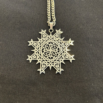 Necklace with a Morning Star Fire Celtic knot pendant in flat stainless steel by Xigfireon.