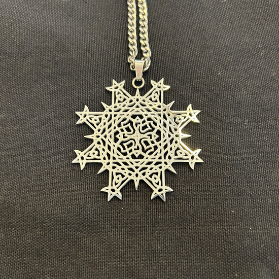 Necklace with a Morning Star Fire Celtic knot pendant in flat stainless steel by Xigfireon.
