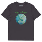 An anthracite organic graphic t-shirt featuring the Sacred Planet iteration of the Reach Of The Spirit Celtic knot design under a message reading "Happy Earth Day".