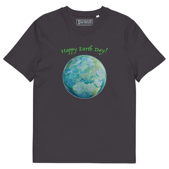 An anthracite organic graphic t-shirt featuring the Sacred Planet iteration of the Reach Of The Spirit Celtic knot design under a message reading "Happy Earth Day".