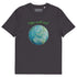 An anthracite organic graphic t-shirt featuring the Sacred Planet iteration of the Reach Of The Spirit Celtic knot design under a message reading "Happy Earth Day".