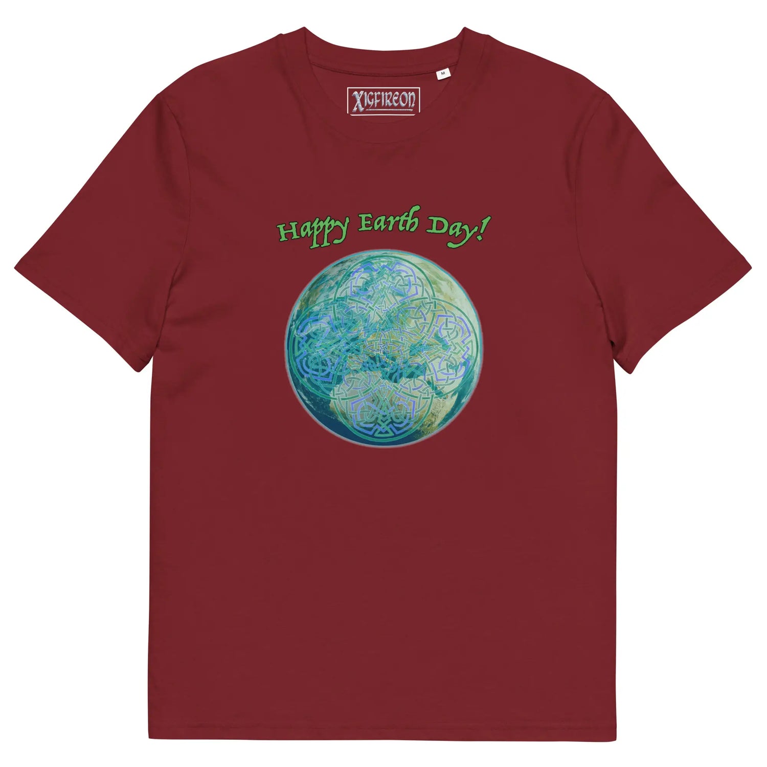 A burgundy organic graphic t-shirt featuring the Sacred Planet iteration of the Reach Of The Spirit Celtic knot design under a message reading "Happy Earth Day".
