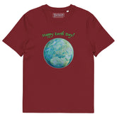 A burgundy organic graphic t-shirt featuring the Sacred Planet iteration of the Reach Of The Spirit Celtic knot design under a message reading "Happy Earth Day".