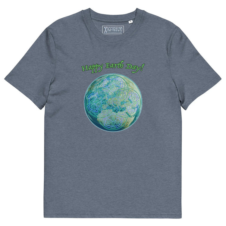 A dark heather blue organic graphic t-shirt featuring the Sacred Planet iteration of the Reach Of The Spirit Celtic knot design under a message reading "Happy Earth Day".