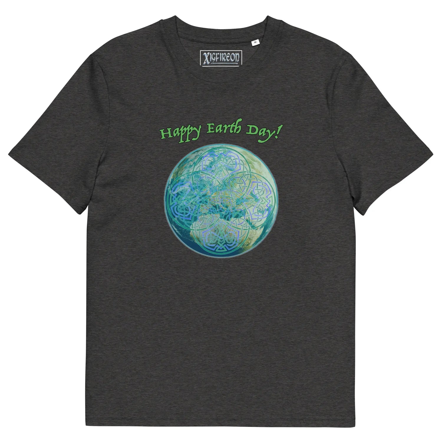 A dark heather grey organic graphic t-shirt featuring the Sacred Planet iteration of the Reach Of The Spirit Celtic knot design under a message reading "Happy Earth Day".