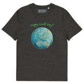 A dark heather grey organic graphic t-shirt featuring the Sacred Planet iteration of the Reach Of The Spirit Celtic knot design under a message reading "Happy Earth Day".