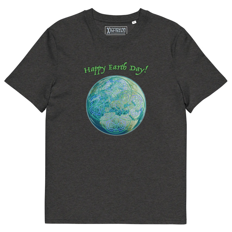 A dark heather grey organic graphic t-shirt featuring the Sacred Planet iteration of the Reach Of The Spirit Celtic knot design under a message reading "Happy Earth Day".