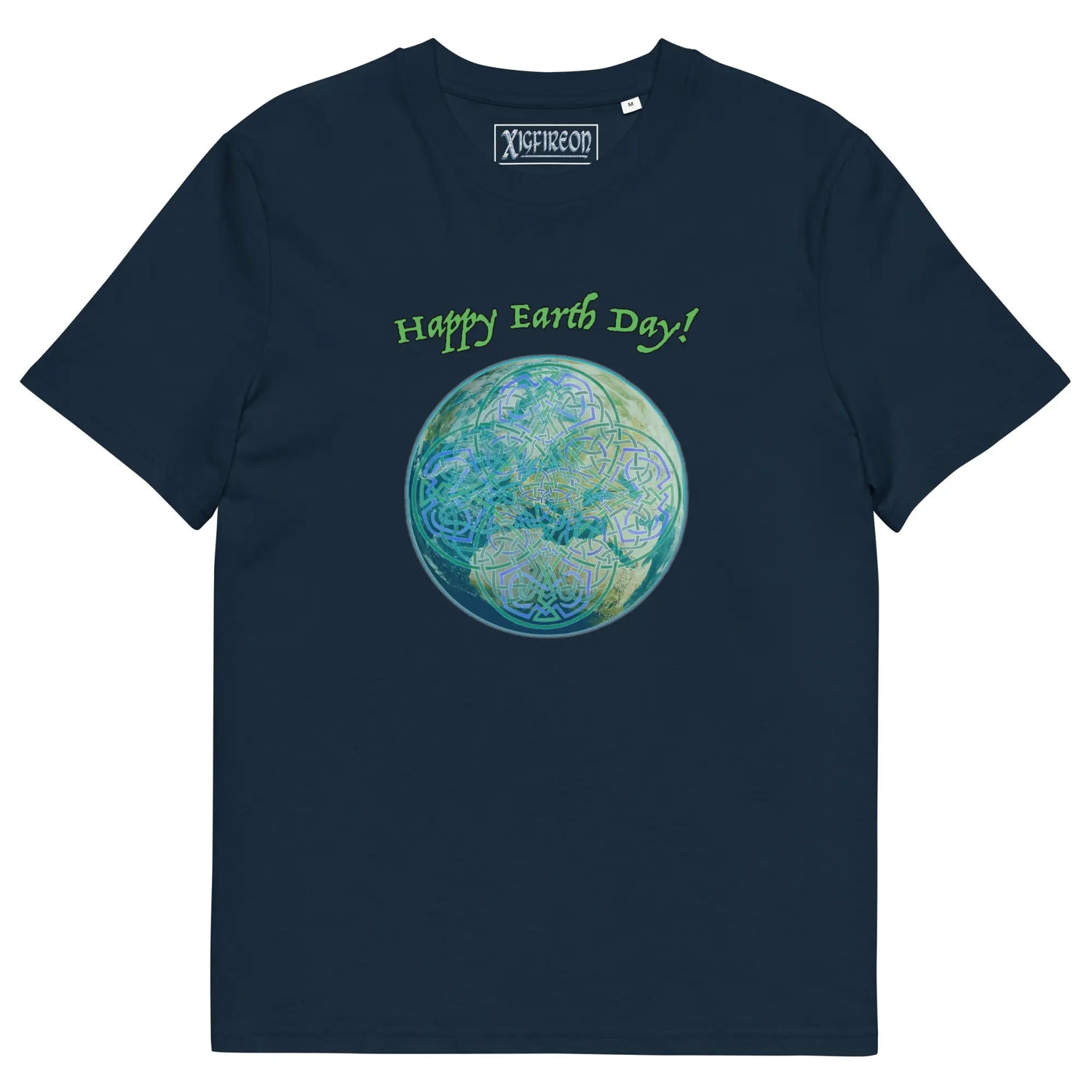 A French navy organic graphic t-shirt featuring the Sacred Planet iteration of the Reach Of The Spirit Celtic knot design under a message reading "Happy Earth Day".