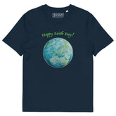 A French navy organic graphic t-shirt featuring the Sacred Planet iteration of the Reach Of The Spirit Celtic knot design under a message reading "Happy Earth Day".