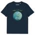 A French navy organic graphic t-shirt featuring the Sacred Planet iteration of the Reach Of The Spirit Celtic knot design under a message reading "Happy Earth Day".