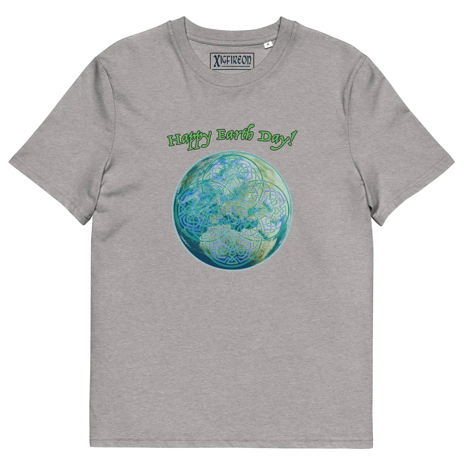 A heather grey organic graphic t-shirt featuring the Sacred Planet iteration of the Reach Of The Spirit Celtic knot design under a message reading "Happy Earth Day".