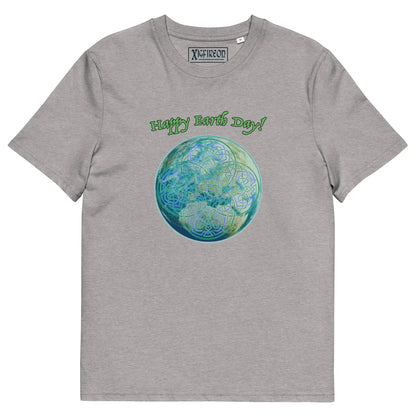 A heather grey organic graphic t-shirt featuring the Sacred Planet iteration of the Reach Of The Spirit Celtic knot design under a message reading "Happy Earth Day".