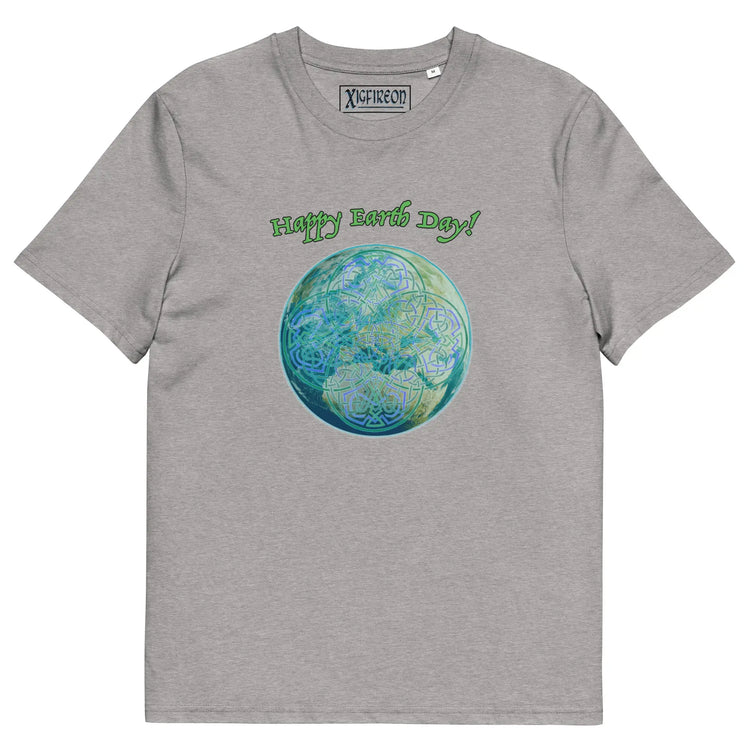 A heather grey organic graphic t-shirt featuring the Sacred Planet iteration of the Reach Of The Spirit Celtic knot design under a message reading "Happy Earth Day".
