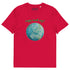 A red organic graphic t-shirt featuring the Sacred Planet iteration of the Reach Of The Spirit Celtic knot design under a message reading "Happy Earth Day".
