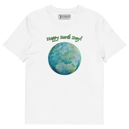 A white organic graphic t-shirt featuring the Sacred Planet iteration of the Reach Of The Spirit Celtic knot design under a message reading "Happy Earth Day".