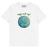A white organic graphic t-shirt featuring the Sacred Planet iteration of the Reach Of The Spirit Celtic knot design under a message reading "Happy Earth Day".