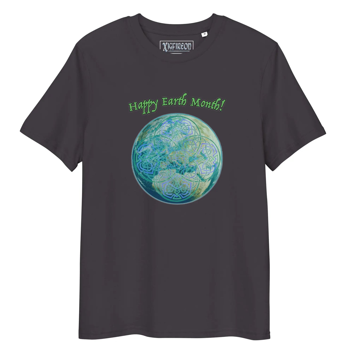 An anthracite organic graphic t-shirt featuring the Sacred Planet iteration of the Reach Of The Spirit Celtic knot design under a message reading "Happy Earth Month".