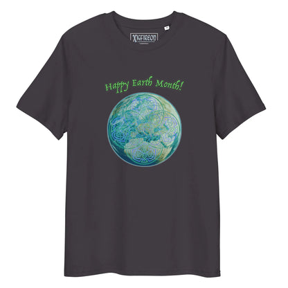 An anthracite organic graphic t-shirt featuring the Sacred Planet iteration of the Reach Of The Spirit Celtic knot design under a message reading "Happy Earth Month".