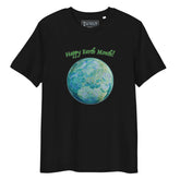 A black organic graphic t-shirt featuring the Sacred Planet iteration of the Reach Of The Spirit Celtic knot design under a message reading "Happy Earth Month".