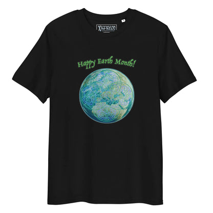 A black organic graphic t-shirt featuring the Sacred Planet iteration of the Reach Of The Spirit Celtic knot design under a message reading "Happy Earth Month".
