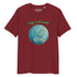A burgundy organic graphic t-shirt featuring the Sacred Planet iteration of the Reach Of The Spirit Celtic knot design under a message reading "Happy Earth Month".
