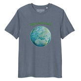 A dark heather blue organic graphic t-shirt featuring the Sacred Planet iteration of the Reach Of The Spirit Celtic knot design under a message reading "Happy Earth Month".