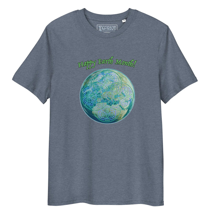 A dark heather blue organic graphic t-shirt featuring the Sacred Planet iteration of the Reach Of The Spirit Celtic knot design under a message reading "Happy Earth Month".