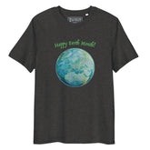 A dark heather grey organic graphic t-shirt featuring the Sacred Planet iteration of the Reach Of The Spirit Celtic knot design under a message reading "Happy Earth Month".