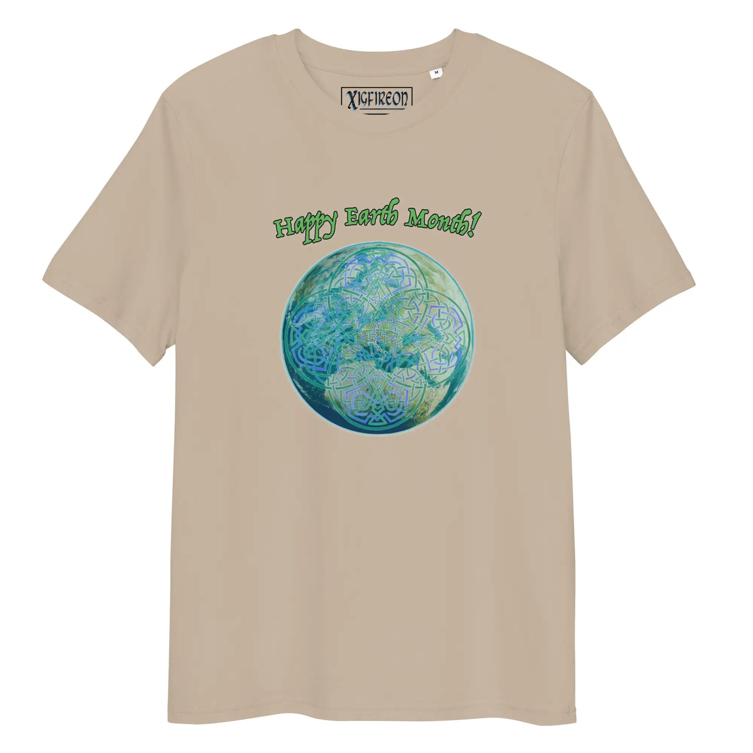 A desert dust organic graphic t-shirt featuring the Sacred Planet iteration of the Reach Of The Spirit Celtic knot design under a message reading "Happy Earth Month".