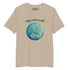 A desert dust organic graphic t-shirt featuring the Sacred Planet iteration of the Reach Of The Spirit Celtic knot design under a message reading "Happy Earth Month".
