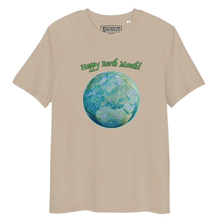 A desert dust organic graphic t-shirt featuring the Sacred Planet iteration of the Reach Of The Spirit Celtic knot design under a message reading "Happy Earth Month".