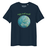 A French navy blue organic graphic t-shirt featuring the Sacred Planet iteration of the Reach Of The Spirit Celtic knot design under a message reading "Happy Earth Month".