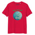 A red organic graphic t-shirt featuring the Sacred Planet iteration of the Reach Of The Spirit Celtic knot design under a message reading "Happy Earth Month".