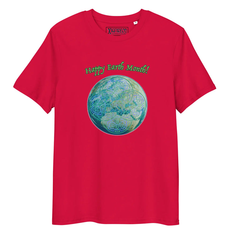 A red organic graphic t-shirt featuring the Sacred Planet iteration of the Reach Of The Spirit Celtic knot design under a message reading "Happy Earth Month".