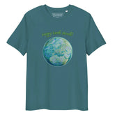 A stargazer organic graphic t-shirt featuring the Sacred Planet iteration of the Reach Of The Spirit Celtic knot design under a message reading "Happy Earth Month".