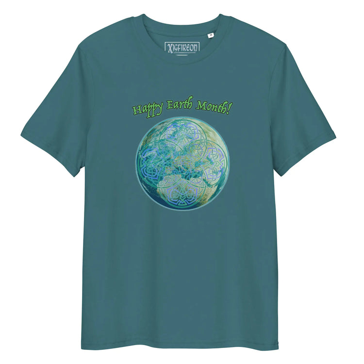 A stargazer organic graphic t-shirt featuring the Sacred Planet iteration of the Reach Of The Spirit Celtic knot design under a message reading "Happy Earth Month".