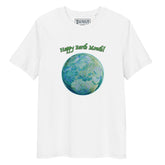 A white organic graphic t-shirt featuring the Sacred Planet iteration of the Reach Of The Spirit Celtic knot design under a message reading "Happy Earth Month".