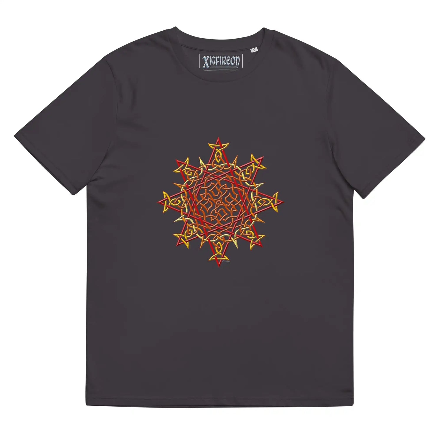 An anthracite Xigfireon graphic organic cotton t-shirt featuring the Fire Colour iteration of the Morning Star Fire Celtic knot design. The Morning Star Fire Celtic knot represents our benevolent Father Sun.