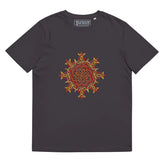 An anthracite Xigfireon graphic organic cotton t-shirt featuring the Fire Colour iteration of the Morning Star Fire Celtic knot design. The Morning Star Fire Celtic knot represents our benevolent Father Sun.