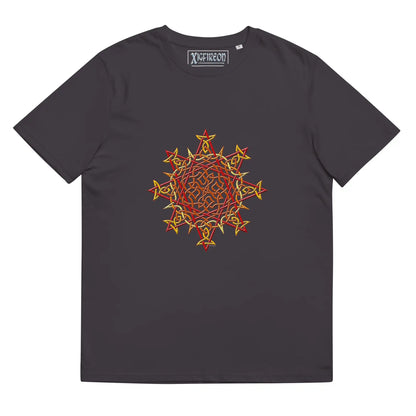 An anthracite Xigfireon graphic organic cotton t-shirt featuring the Fire Colour iteration of the Morning Star Fire Celtic knot design. The Morning Star Fire Celtic knot represents our benevolent Father Sun.