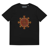 A black Xigfireon graphic organic cotton t-shirt featuring the Fire Colour iteration of the Morning Star Fire Celtic knot design. The Morning Star Fire Celtic knot represents our benevolent Father Sun.