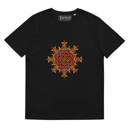 A black Xigfireon graphic organic cotton t-shirt featuring the Fire Colour iteration of the Morning Star Fire Celtic knot design. The Morning Star Fire Celtic knot represents our benevolent Father Sun.