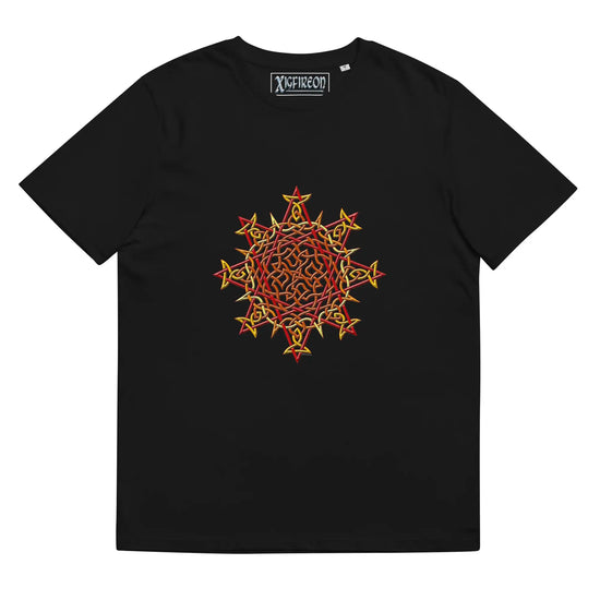 A black Xigfireon graphic organic cotton t-shirt featuring the Fire Colour iteration of the Morning Star Fire Celtic knot design. The Morning Star Fire Celtic knot represents our benevolent Father Sun.